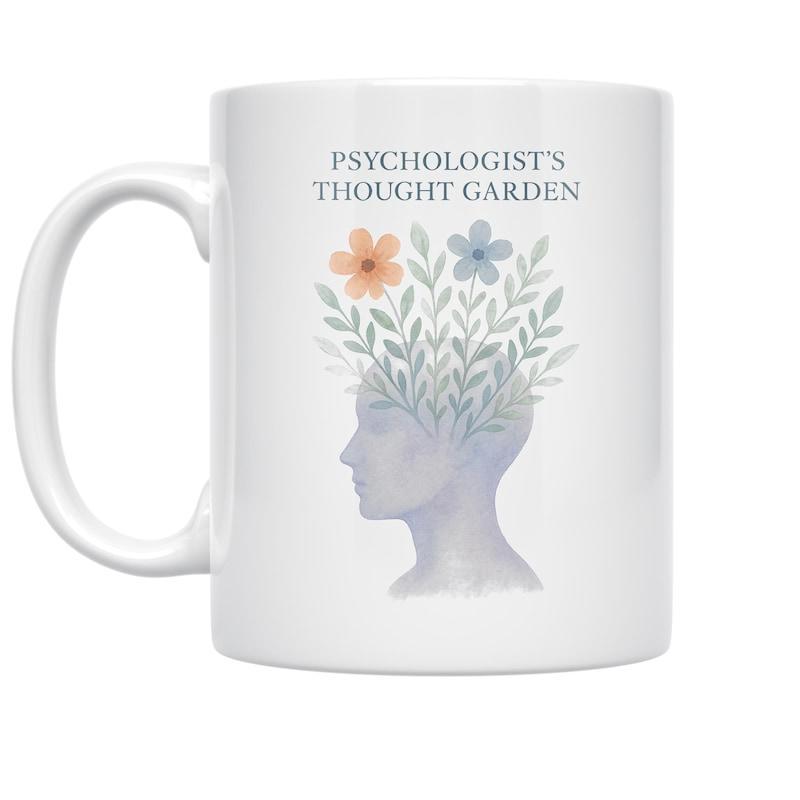 Tailorly White Ceramic 11 oz Mug - Psychologists Thought Garden Soft Watercolor Human Silhouette With Lush Leaves And Blooming Flowers Growing Head