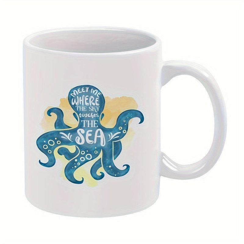 Tailorly White Ceramic 11 oz Mug - Take Me Where The Sky Touches The Sea Stylized Artistic Blue Sea Creature With Flowing Tentacles And Yellow Background Octopus