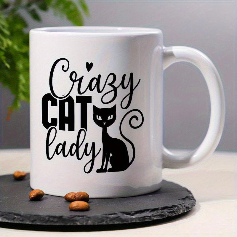 Tailorly White Ceramic 11 oz Mug - Crazy Cat Lady Sleek Black Feline Silhouette With A Long Curled Tail Sitting Peacefully Cat