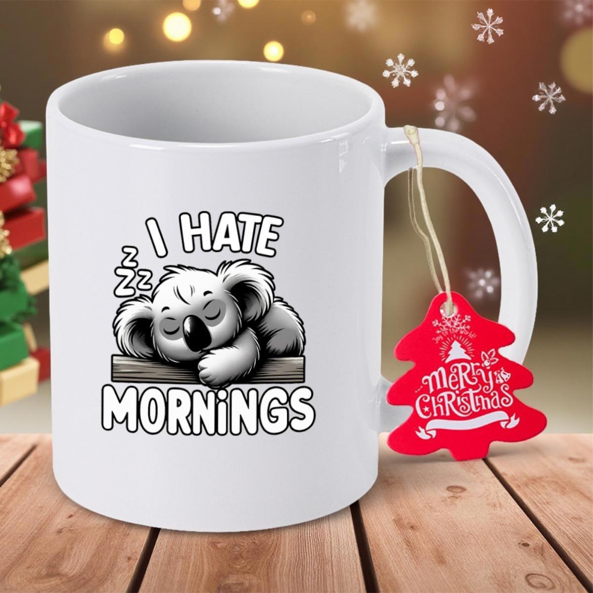 Tailorly White Ceramic 11 oz Mug - I Hate Mornings Adorable Little Gray Koala Sleeping On Tree Branch Koala