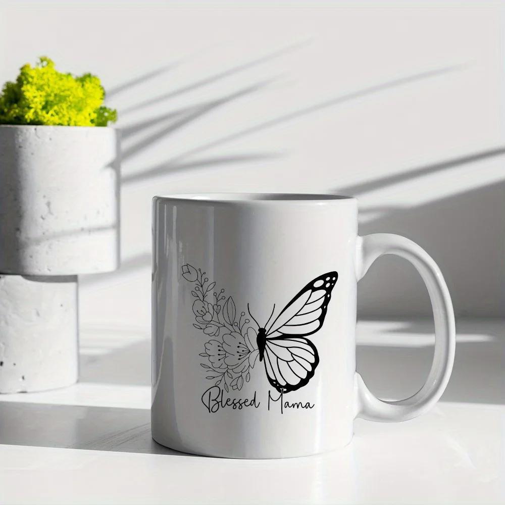 Tailorly White Ceramic 11 oz Mug - Blessed Mama Hand Drawn Floral Wings Fluttering With Elegant Botanical Line Art Details Butterfly