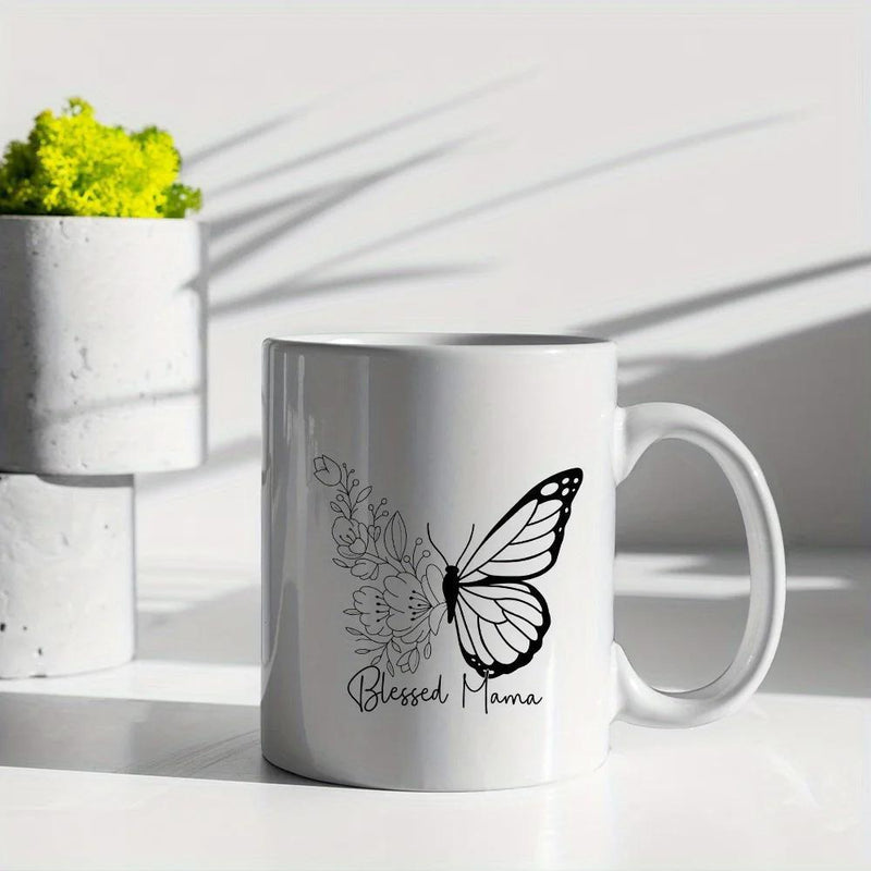 Tailorly White Ceramic 11 oz Mug - Blessed Mama Hand Drawn Floral Wings Fluttering With Elegant Botanical Line Art Details Butterfly