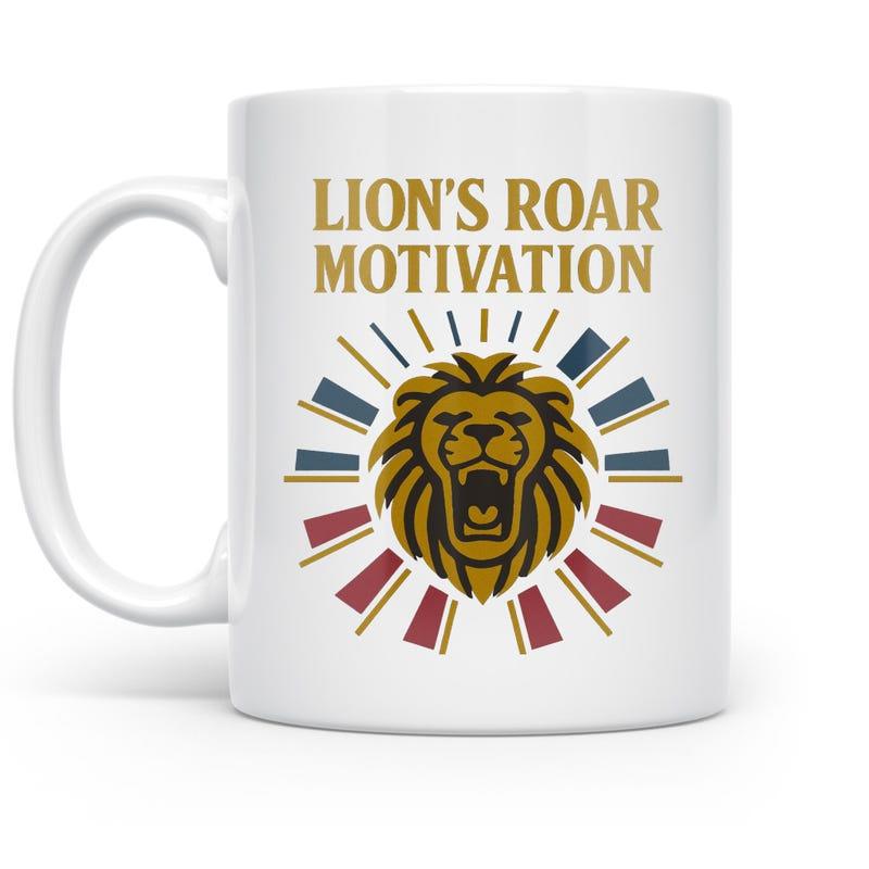 Tailorly White Ceramic 11 oz Mug - Lion's Roar Motivation Stylized Golden Roaring Head Surrounded By Colorful Radiating Geometric Sunburst Patterns Lion