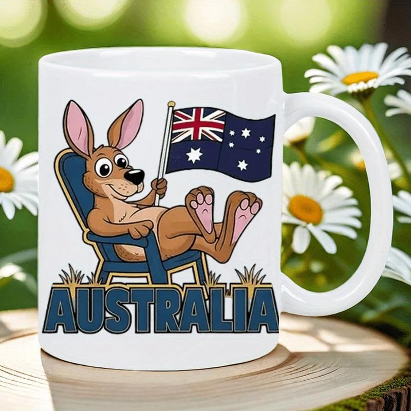 Tailorly White Ceramic 11 oz Mug - Australia Cartoon Kangaroo Resting On Chair While Holding Australian Flag In Scenic Background Kangaroo
