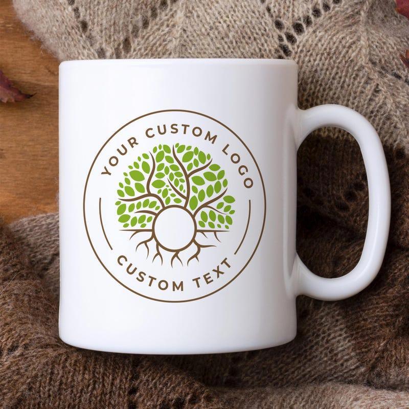 Tailorly White Ceramic 11 oz Mug - Your Custom Logo Custom Text Lush Green Leaves And Intricate Roots Within A Minimalist Circular Frame Tree