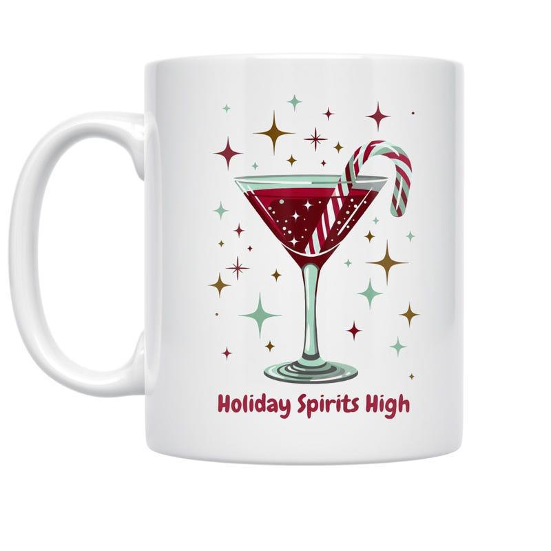 Tailorly White Ceramic 11 oz Mug - Holiday Spirits High Festive Candy Cane Inside A Red Cocktail Glass Under Stars Martini