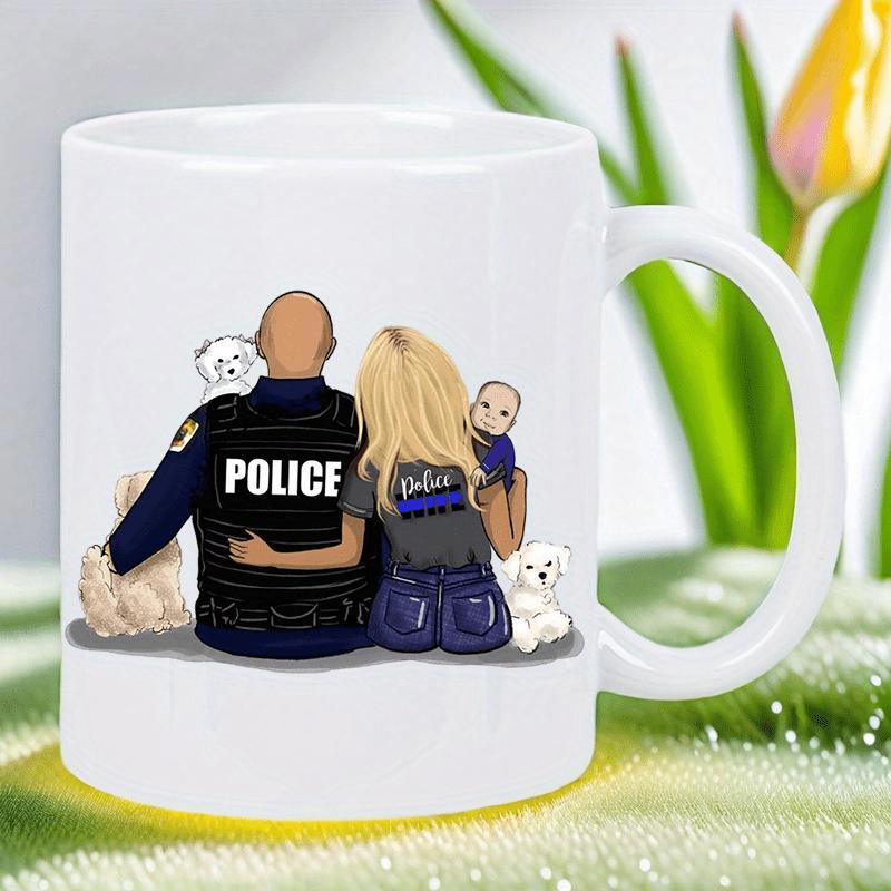 Tailorly White Ceramic 11 oz Mug - Police Loyal Supportive Partners Sitting Together With Small Fluffy White Puppies Couple
