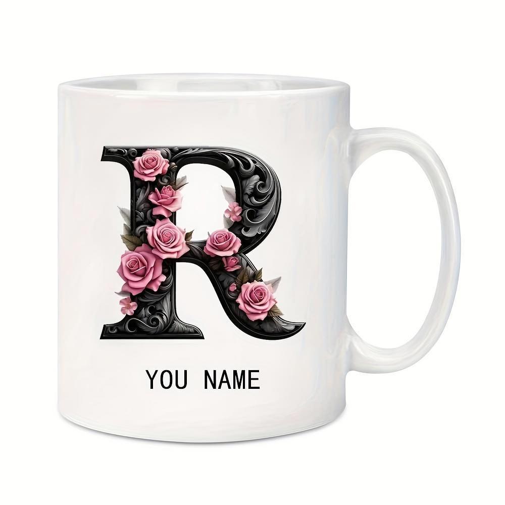 Tailorly White Ceramic 11 oz Mug - You Name Ornate Black Filigree Pattern Adorned With Elegant Pink Blooming Floral Rose Letter