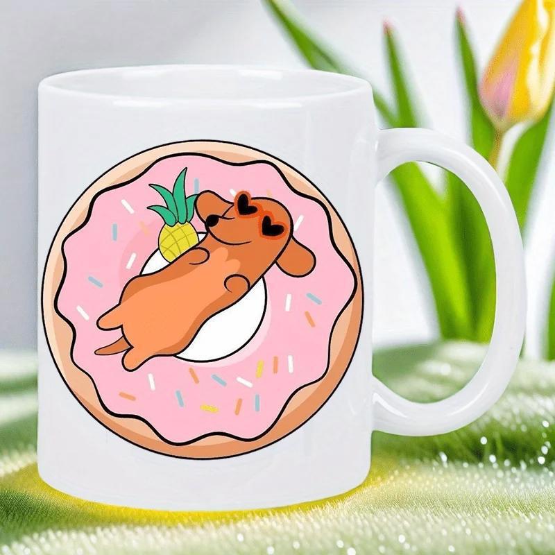 Tailorly White Ceramic 11 oz Mug - Adorable Brown Sausage Dog Relaxing Inside A Delicious Pink Glazed Sweet Donut Dachshund