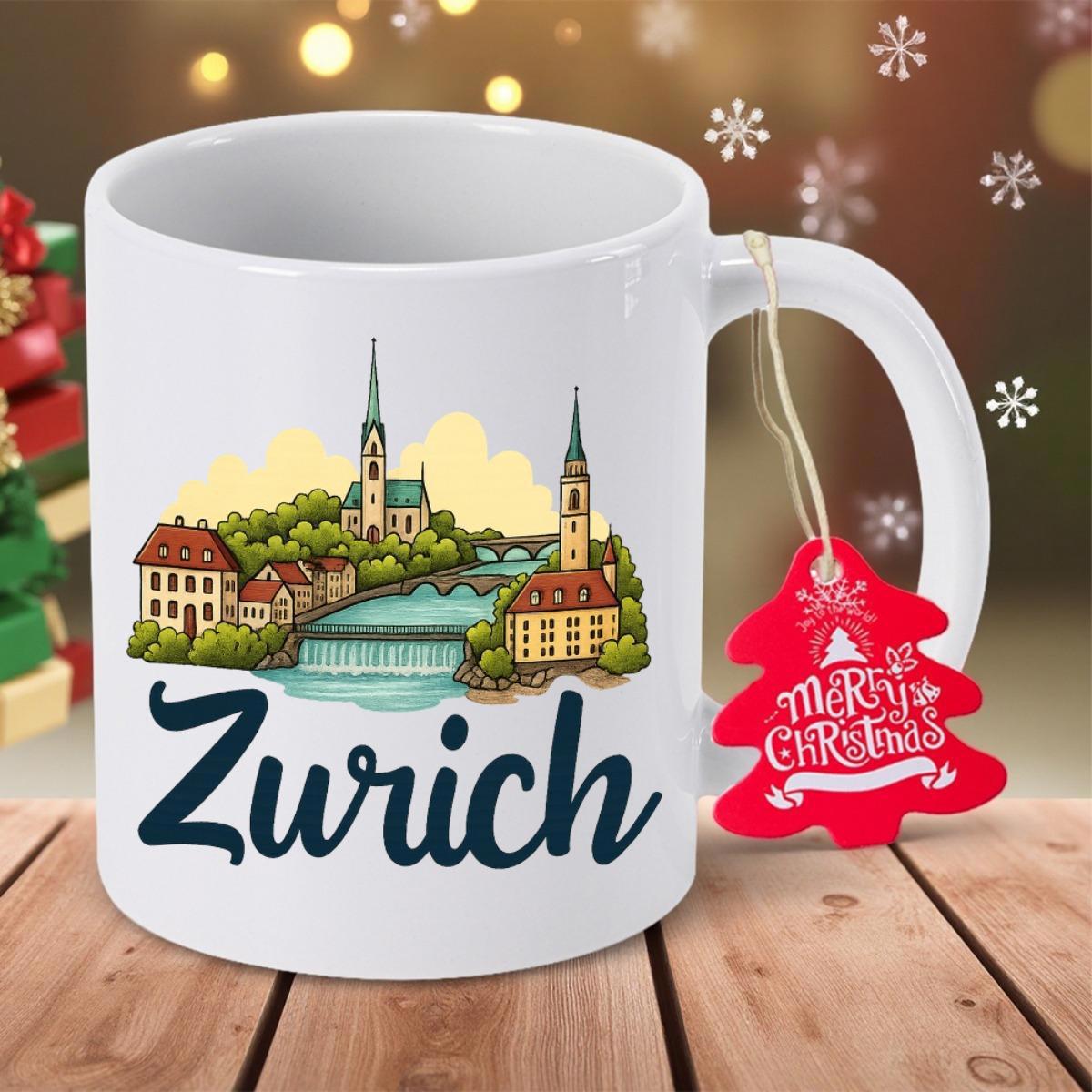 Tailorly White Ceramic 11 oz Mug - Zurich Scenic Riverside Cityscape With Historic European Cathedral Towers And Houses Zurich