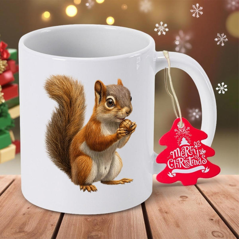 Tailorly White Ceramic 11 oz Mug - Merry Christmas Adorable Brown Furry Creature Holding A Small Nut Sitting Peacefully Squirrel