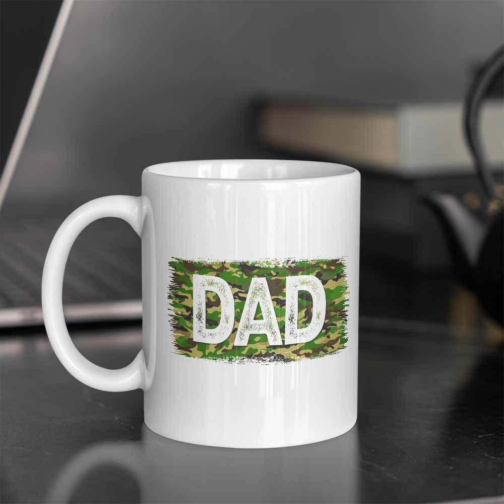 Tailorly White Ceramic 11 oz Mug - Dad Classic Green Camouflage Texture Behind Bold Distressed Block Letters Pattern