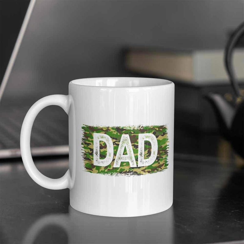 Tailorly White Ceramic 11 oz Mug - Dad Classic Green Camouflage Texture Behind Bold Distressed Block Letters Pattern