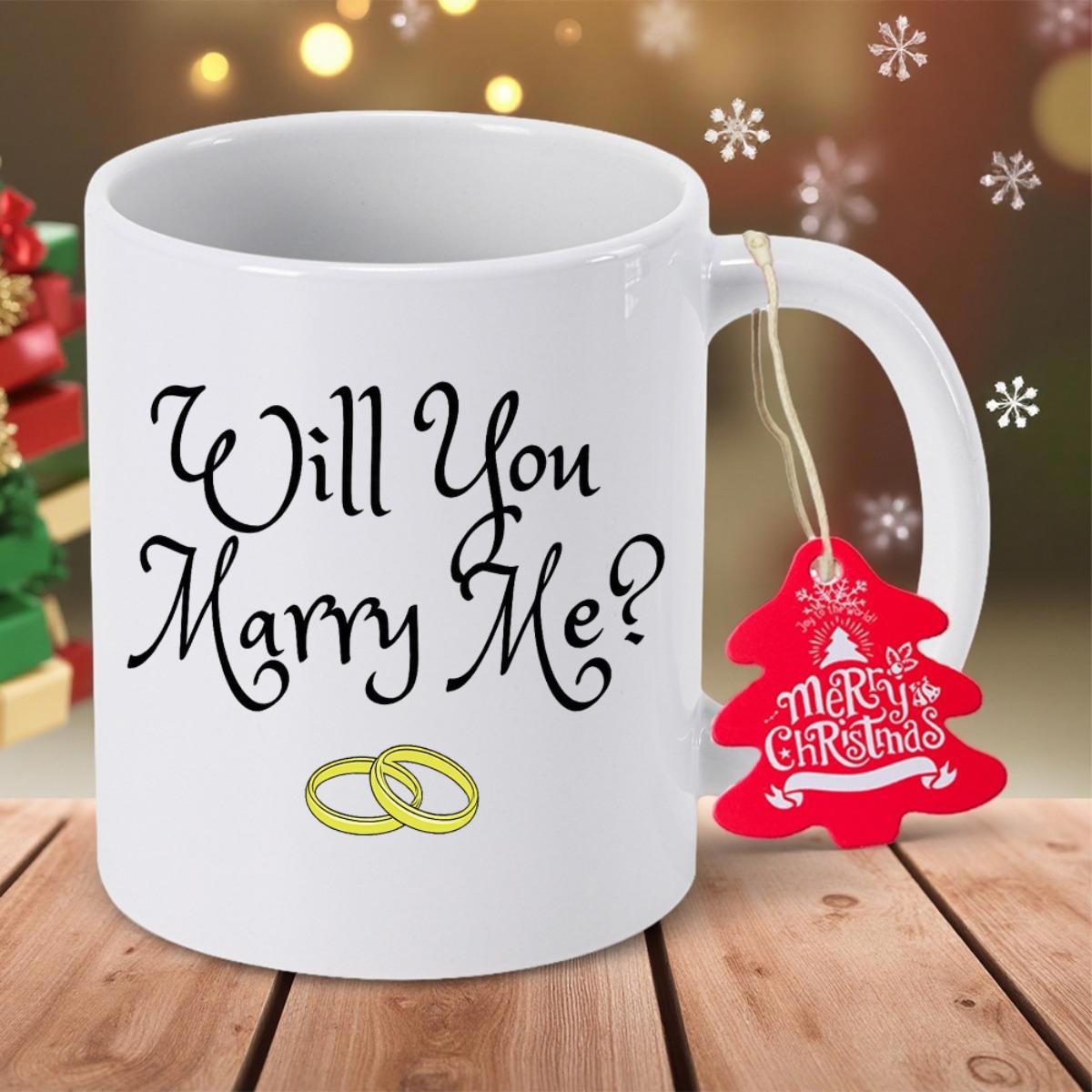 Tailorly White Ceramic 11 oz Mug - Will You Marry Me Interlocking Golden Wedding Bands Symbolizing Eternal Love And Commitment Rings