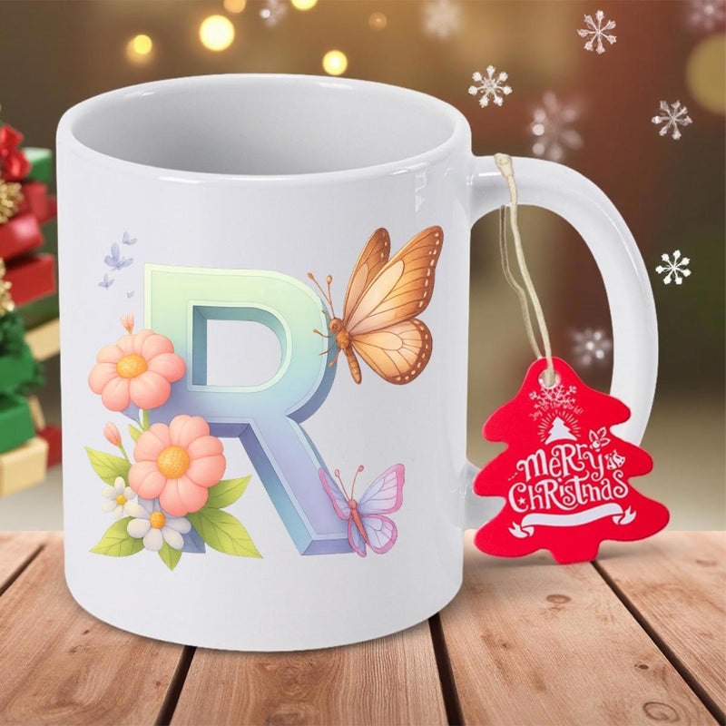 Tailorly White Ceramic 11 oz Mug - R Pastel Colored 3D Letter With Blooming Flowers And Graceful Fluttering Orange Butterfly