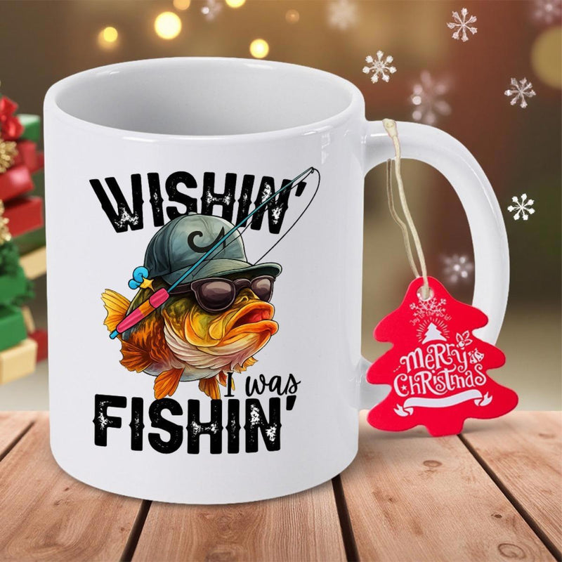 Tailorly White Ceramic 11 oz Mug - Wishin I Was Fishin Fun Cartoon Fish Wearing Sunglasses Holding A Long Fishing Rod Fish