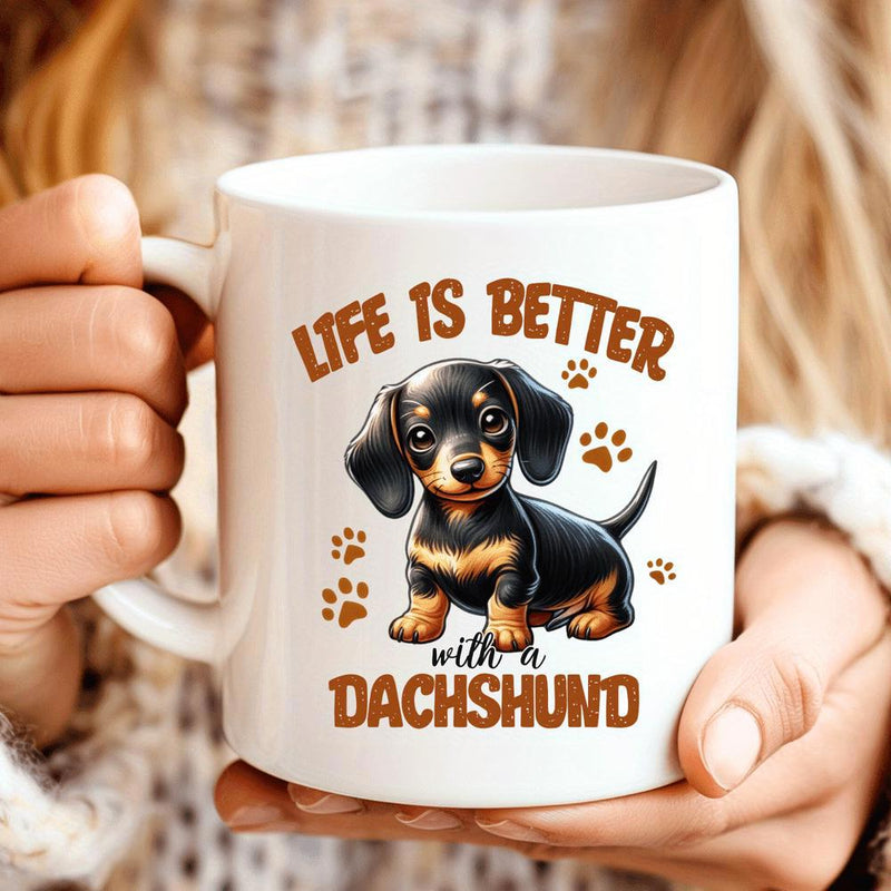 Tailorly White Ceramic 11 oz Mug - Life Is Better With A Dachshund Adorable Small Puppy Sitting Among Tiny Paw Prints With Joyful Expression Dachshund
