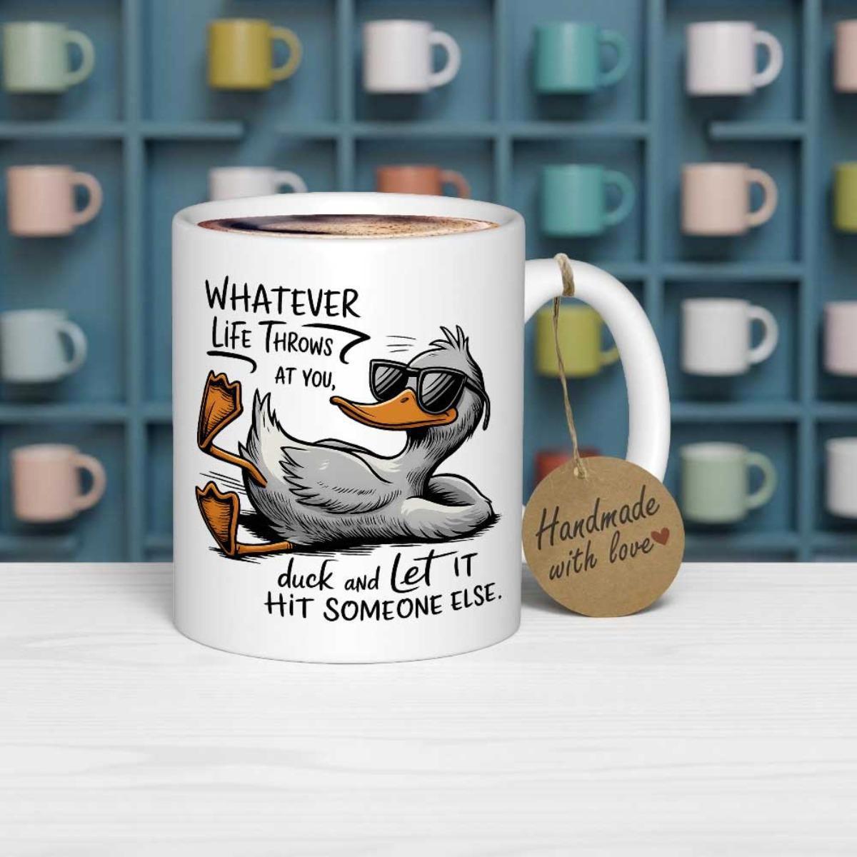 Tailorly White Ceramic 11 oz Mug - Whatever Life Throws At You Duck And Let It Hit Someone Else Cool Relaxed Cartoon Bird Wearing Black Sunglasses Lying Down