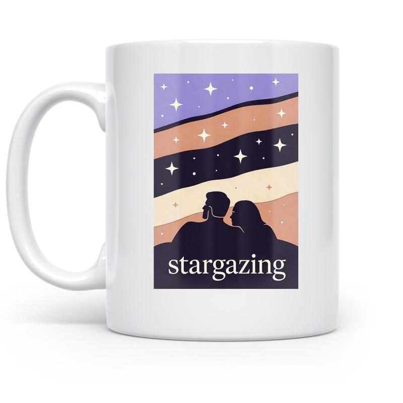 Tailorly White Ceramic 11 oz Mug - Stargazing Romantic Silhouetted Pair Under A Glistening Starry Night Sky Background Couple