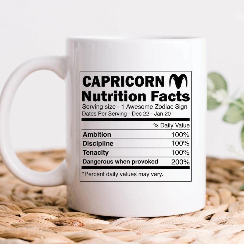 Tailorly White Ceramic 11 oz Mug - Capricorn Nutrition Facts Featuring A Creative Nutrition Label Design With Horns Mug
