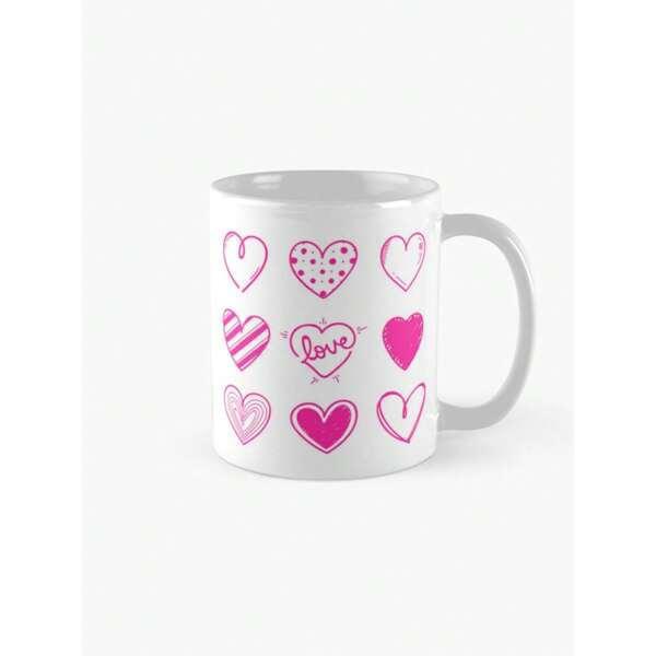 Tailorly White Ceramic 11 oz Mug - Love Multiple Pink Decorative Heart Shapes Arranged In A Symmetric Grid Pattern Heart