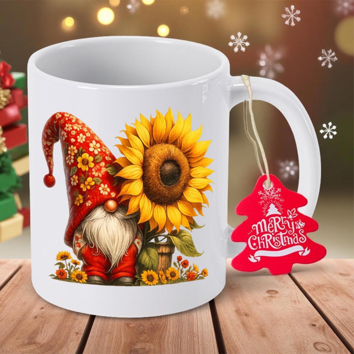 Tailorly White Ceramic 11 oz Mug - Merry Christmas Festive Garden Gnome Wearing Patterned Red Hat Sitting Beside Large Radiant Sunflower Gnome