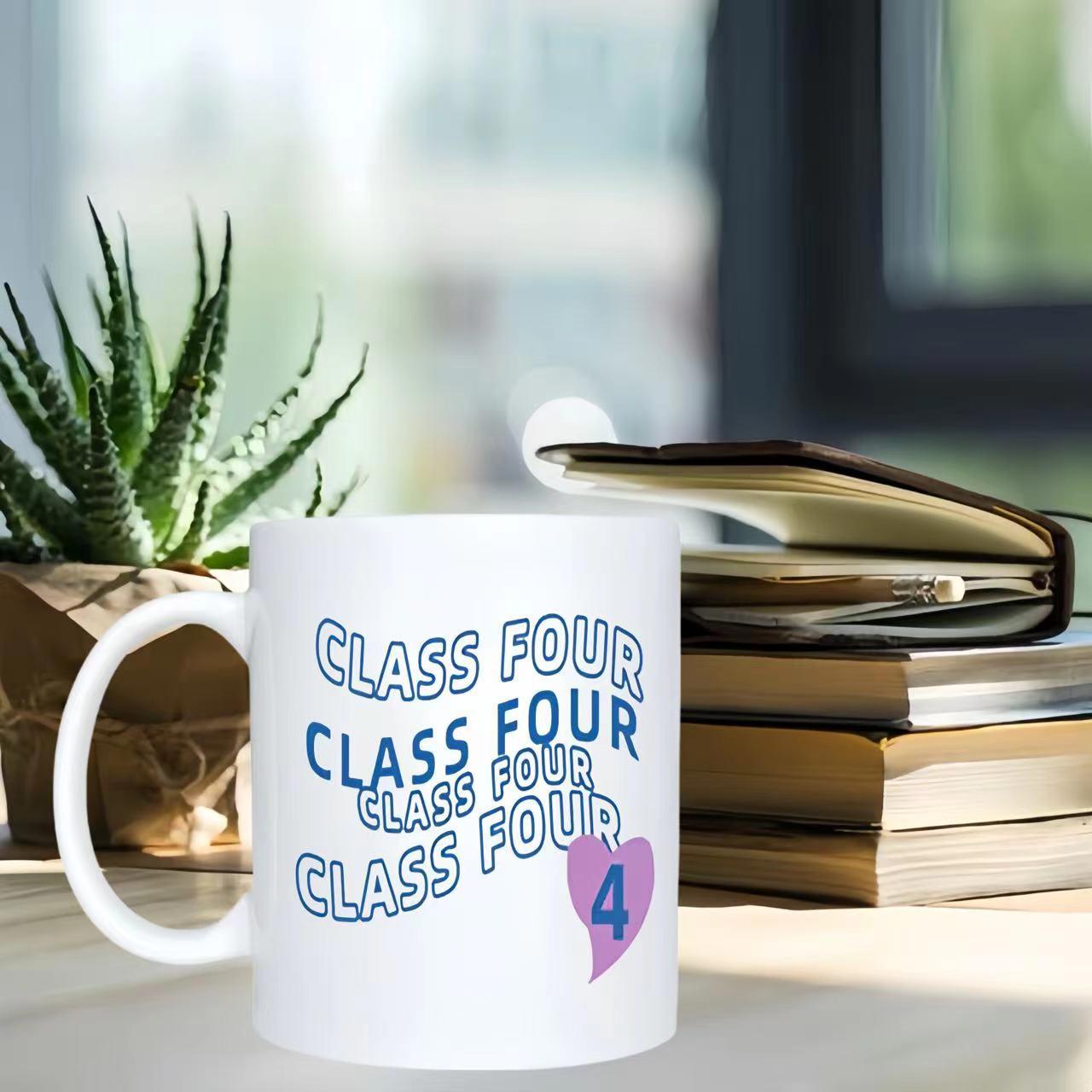 Tailorly White Ceramic 11 oz Mug - Class Four Repeating Artistic Blue Typography With A Pink Heart Sign