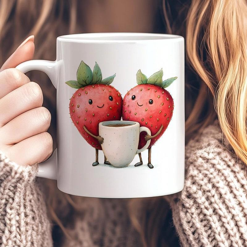 Tailorly White Ceramic 11 oz Mug - Two Adorable Smiling Cartoon Fruits Holding A Tiny White Coffee Cup Strawberry