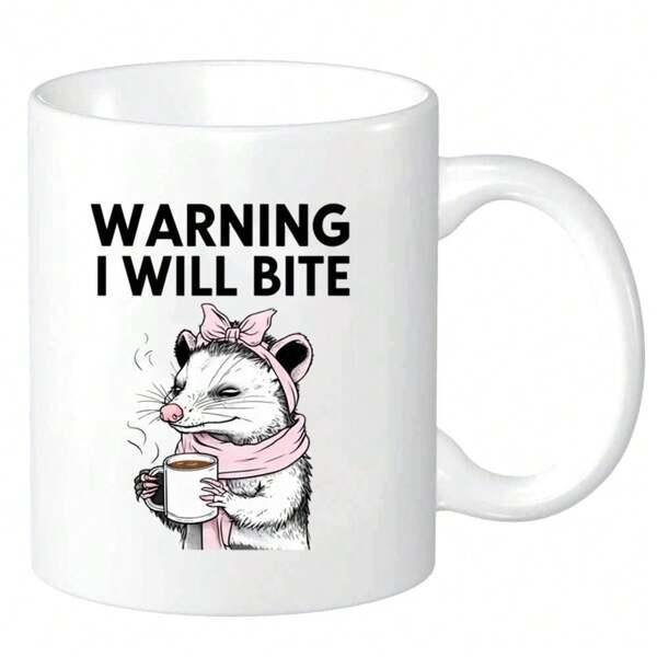 Tailorly White Ceramic 11 oz Mug - Warning I Will Bite Grumpy Character Wearing Pink Bow And Scarf Holding Steaming Coffee Opossum
