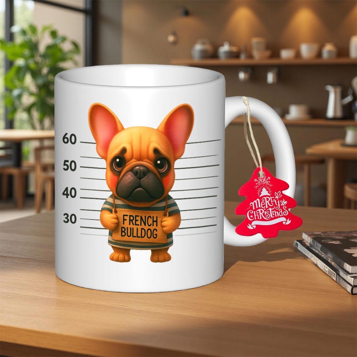 Tailorly White Ceramic 11 oz Mug - French Bulldog Adorable Cartoon Canine Posing In Front Of Height Measurement Scale French Bulldog