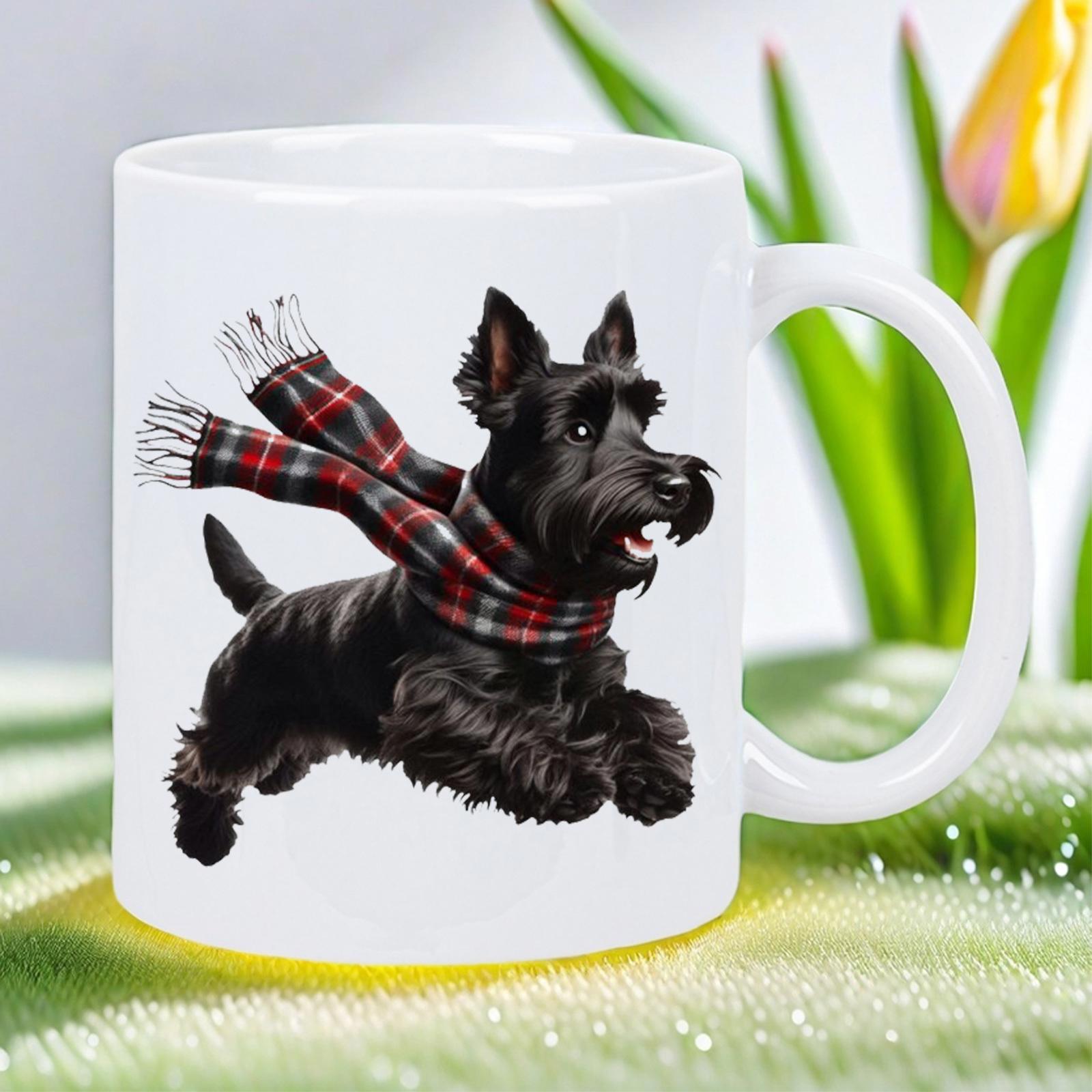 Tailorly White Ceramic 11 oz Mug - Playful Black Scottish Terrier Wearing A Vibrant Red Plaid Scarf Running Dog