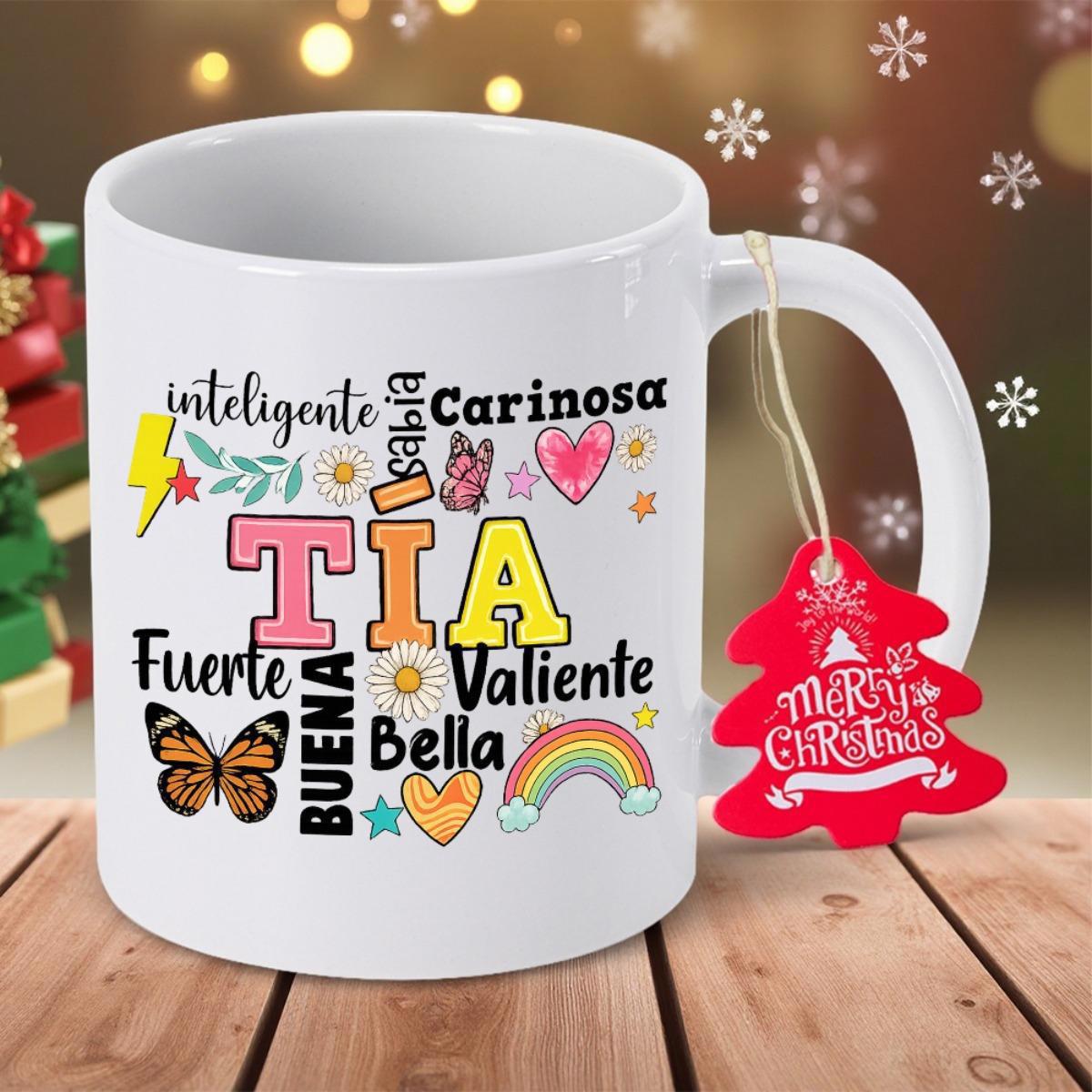Tailorly White Ceramic 11 oz Mug - Merry Christmas Vibrant Butterfly Surrounded By Rainbow Hearts And Small Playful Icons Mug