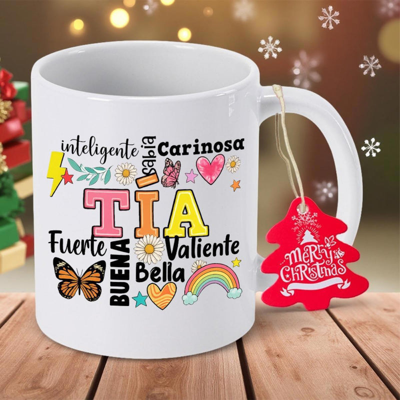 Tailorly White Ceramic 11 oz Mug - Merry Christmas Vibrant Butterfly Surrounded By Rainbow Hearts And Small Playful Icons Mug