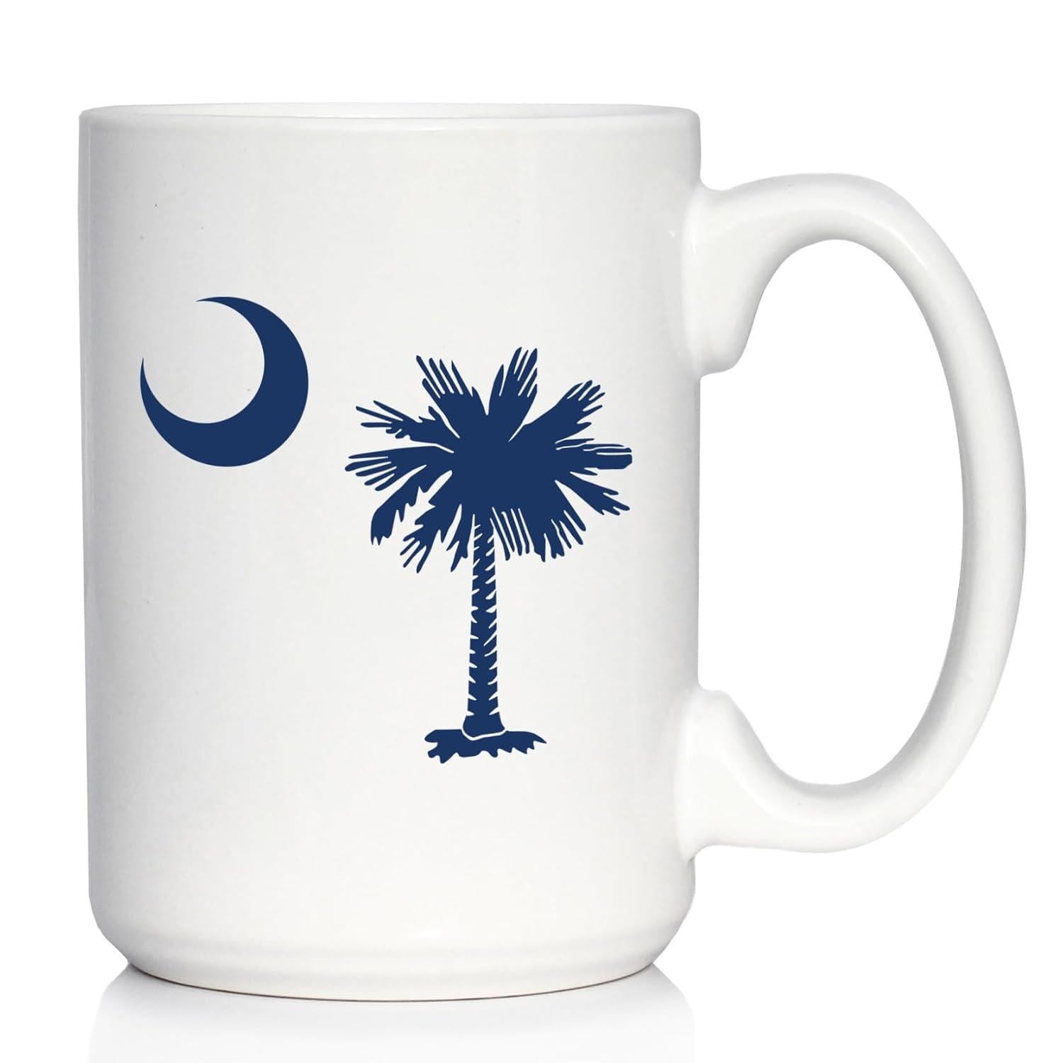 Tailorly White Ceramic 11 oz Mug - Elegant Blue Crescent Moon With A Detailed Tropical Sabal Palmetto Tree Mug