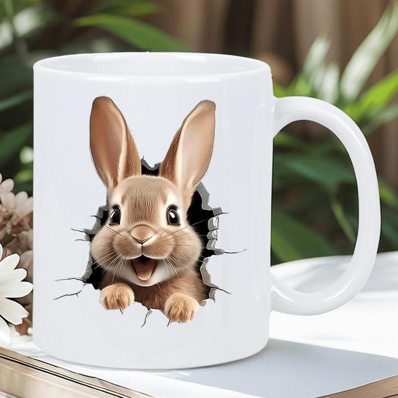 Tailorly White Ceramic 11 oz Mug - Adorable Brown Rabbit Peeking Through A Realistic Cracked White Surface Rabbit