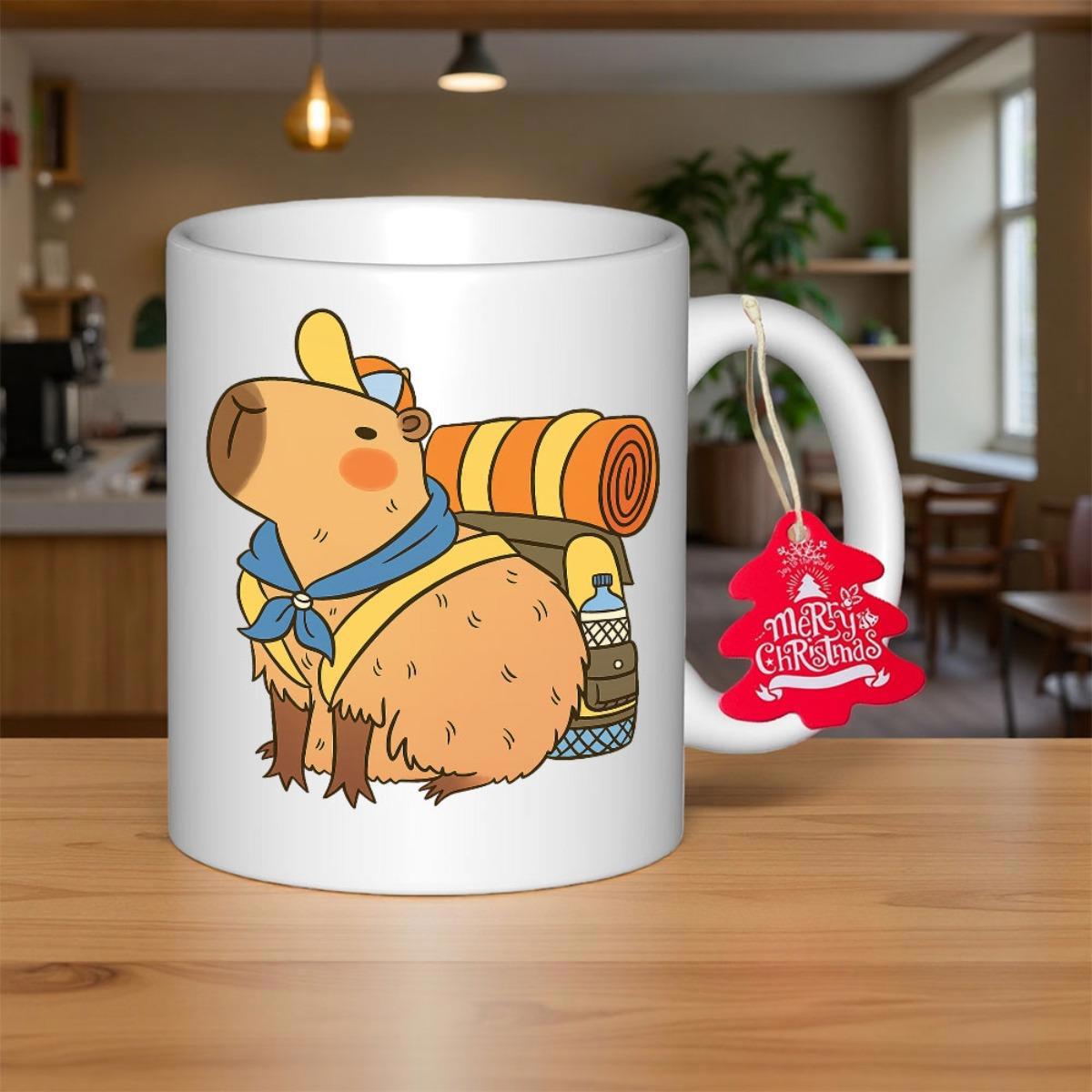Tailorly White Ceramic 11 oz Mug - Merry Christmas Adorable Cartoon Scout Carrying Heavy Hiking Gear And Yellow Camping Hat Capybara