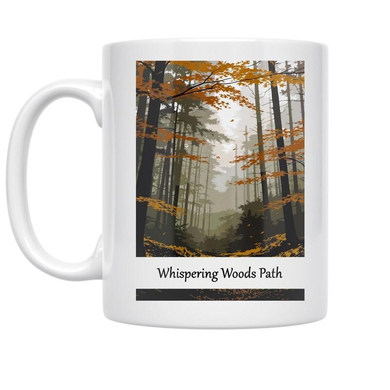 Tailorly White Ceramic 11 oz Mug - Whispering Woods Path Misty Landscape Featuring Tall Trees And Golden Autumn Leaves Forest