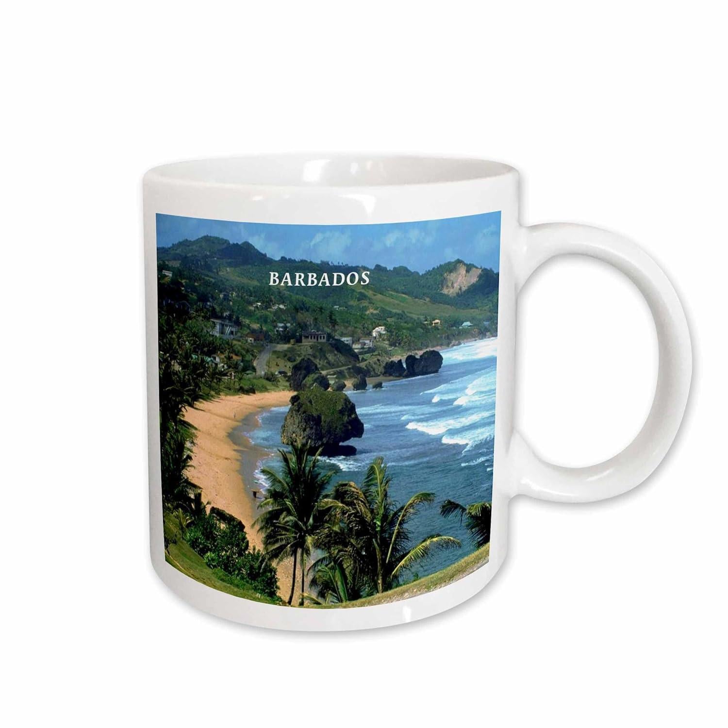 Tailorly White Ceramic 11 oz Mug - Barbados Tropical Coastline With Sandy Beach Palm Trees And Blue Ocean Waves Landscape