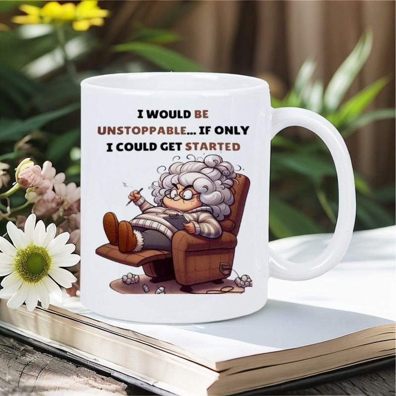 Tailorly White Ceramic 11 oz Mug - I Would Be Unstoppable If Only I Could Get Started Humorous Cartoon Character Sitting Lazily In A Comfortable Brown Reclining