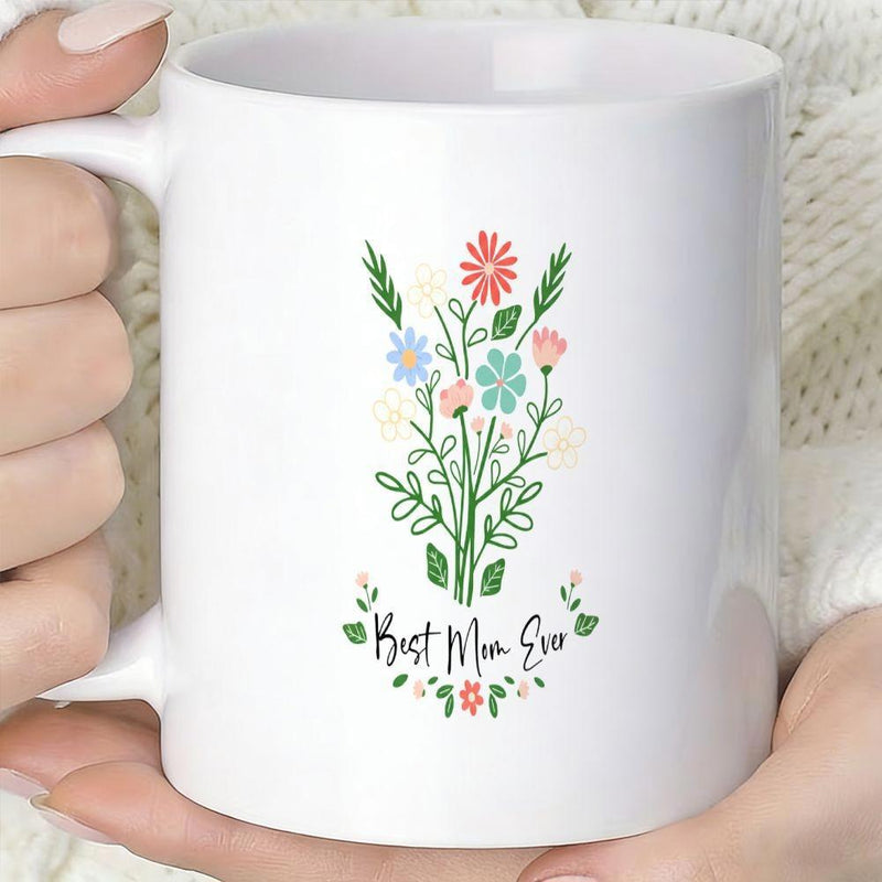 Tailorly White Ceramic 11 oz Mug - Best Mom Ever Delicate Wildflowers Blooming Among Green Leaves And Slender Stems Flowers