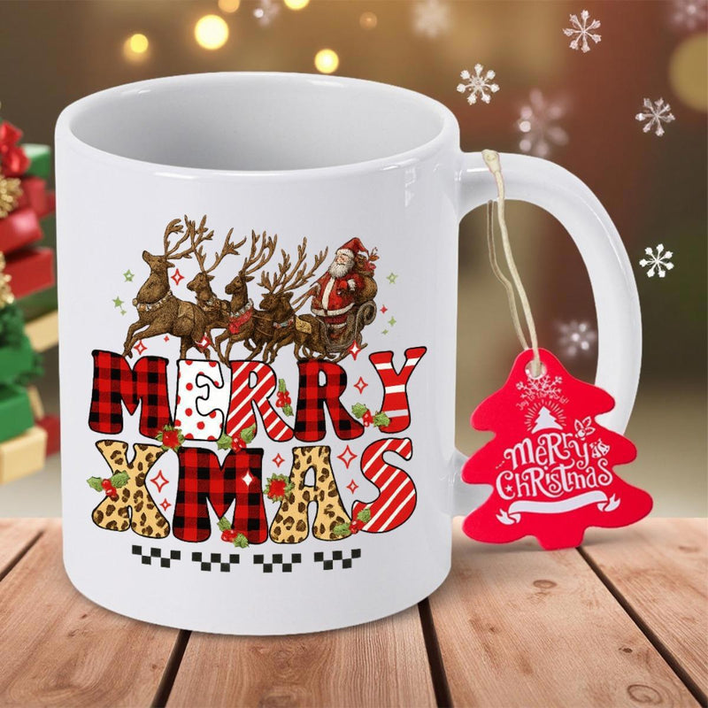 Tailorly White Ceramic 11 oz Mug - Merry Xmas Santa In Sleigh Pulled By Flying Reindeer Over Plaid Decorative Letters Sleigh