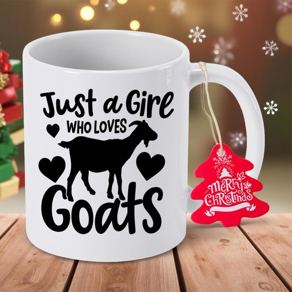Tailorly White Ceramic 11 oz Mug - Just A Girl Who Loves Goats Simple Black Silhouette Standing Peacefully Between Floating Stylized Decorative Hearts Goat