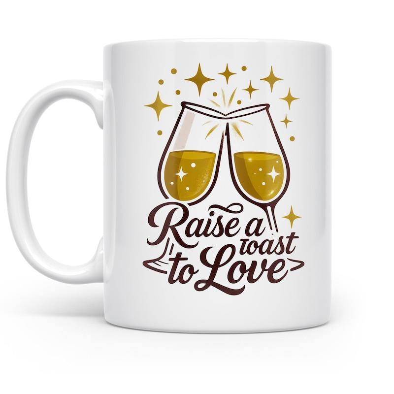 Tailorly White Ceramic 11 oz Mug - Raise A Toast To Love Clinking Champagne Flutes With Golden Bubbles Under Sparkling Stars Glass
