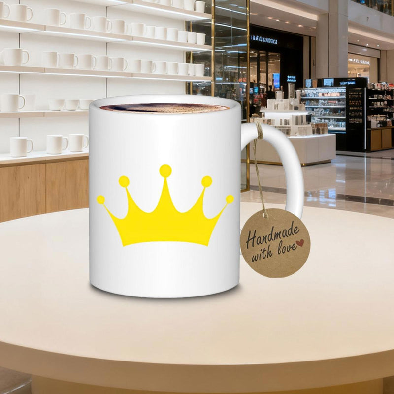 Tailorly White Ceramic 11 oz Mug - Handmade With Love Minimalist Vibrant Yellow Royal Symbolic Silhouette Centered On White Crown