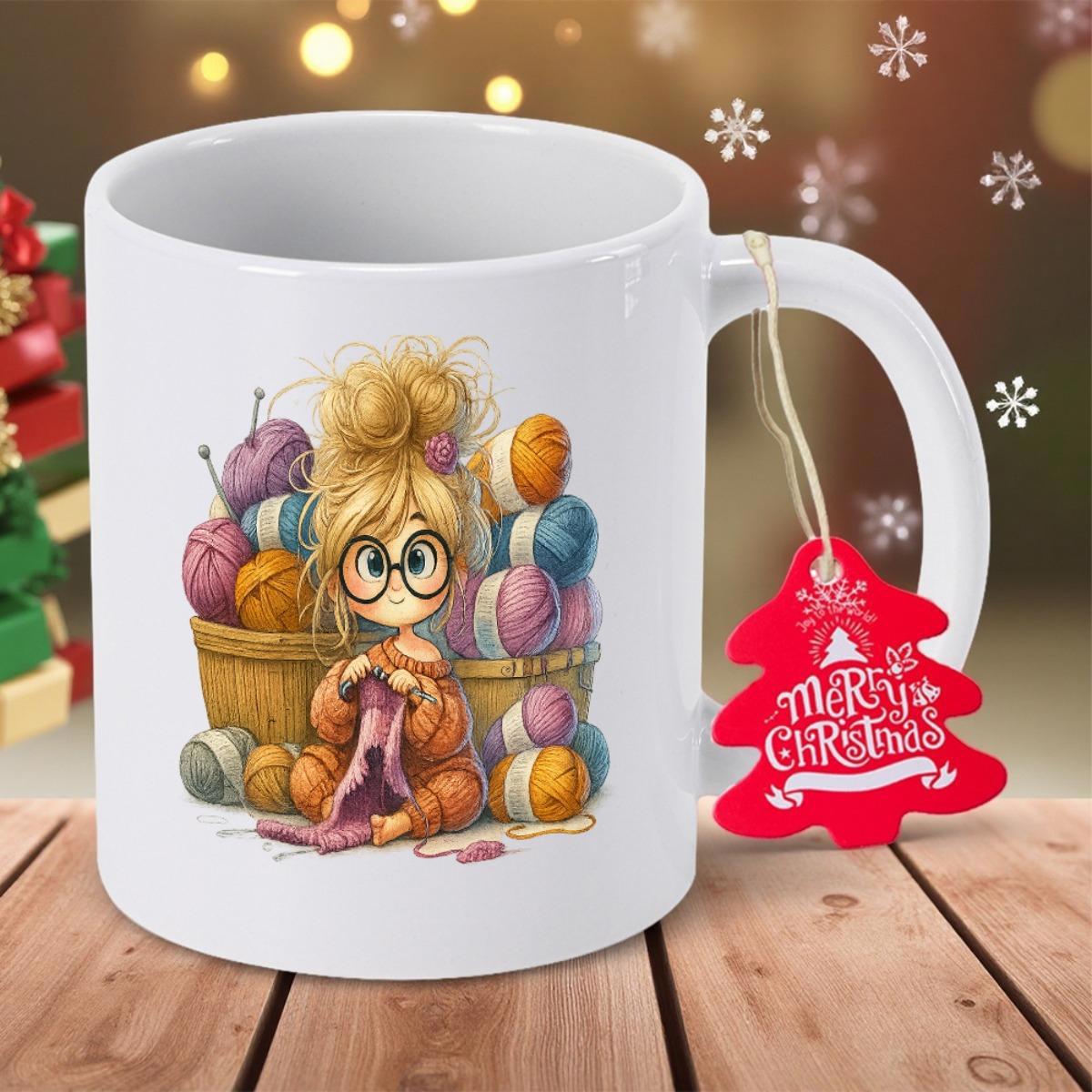 Tailorly White Ceramic 11 oz Mug - Merry Christmas Charming Cartoon Character Knitting Among Baskets Of Soft Yarn Girl