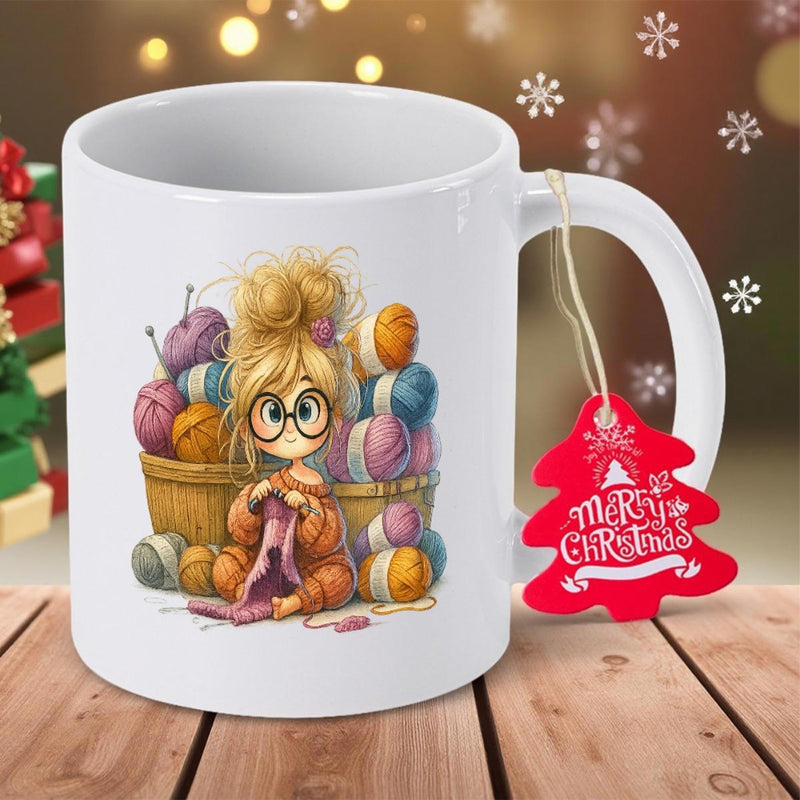 Tailorly White Ceramic 11 oz Mug - Merry Christmas Charming Cartoon Character Knitting Among Baskets Of Soft Yarn Girl