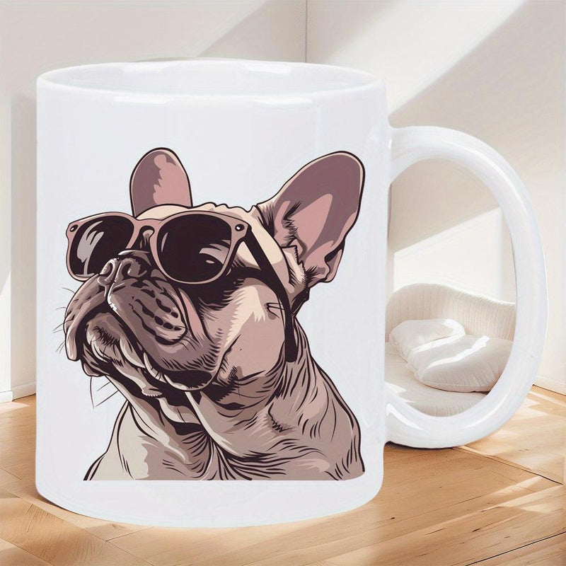 Tailorly White Ceramic 11 oz Mug - Cool Stylish Frenchie Wearing Dark Shades Under Soft Natural Bright Lighting Bulldog