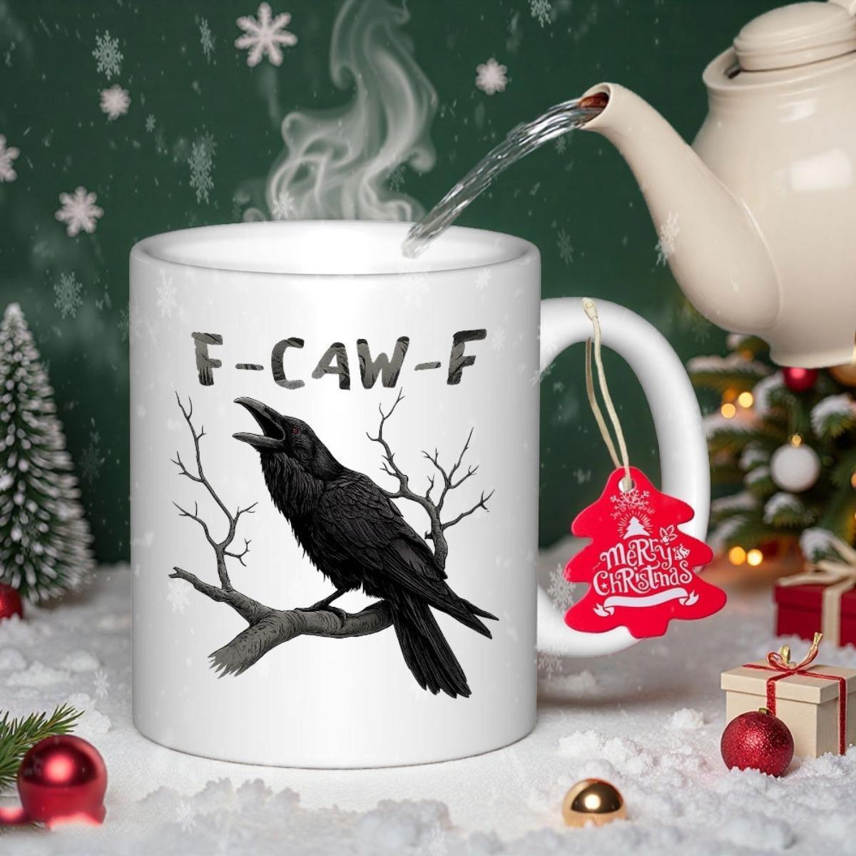 Tailorly White Ceramic 11 oz Mug - F Caw F Majestic Black Bird Perched Among Bare Wintry Tree Branches Raven