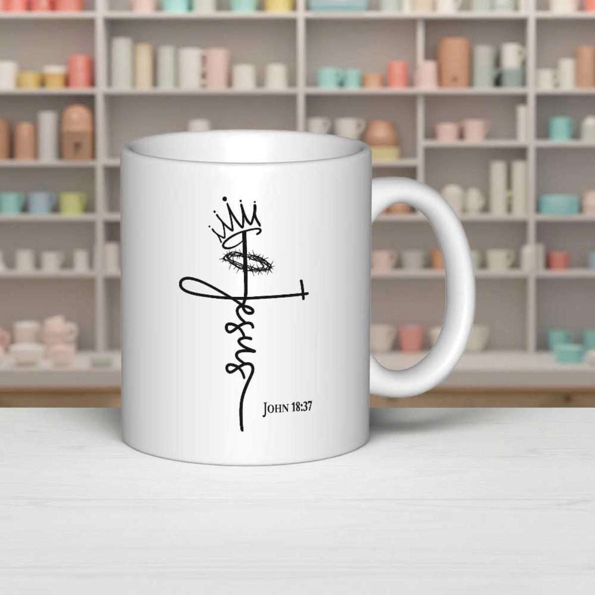 Tailorly White Ceramic 11 oz Mug - Jesus John 14 27 Minimalist Hand Drawn Religious Symbol With Elegant Crown And Halo Details Cross