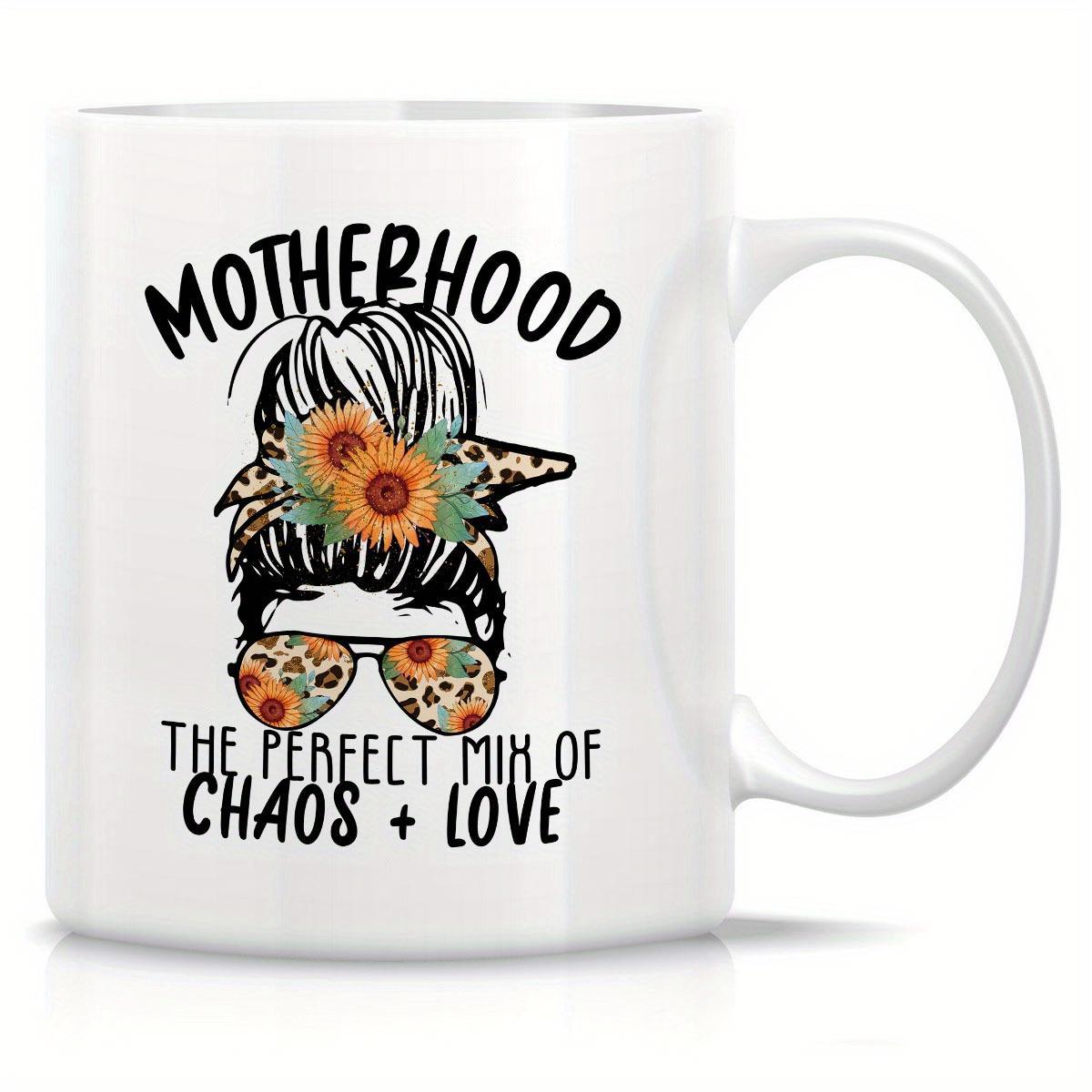 Tailorly White Ceramic 11 oz Mug - Motherhood The Perfect Mix Of Chaos Love Artistic Messy Bun With Sunflowers And Leopard Bandana Patterned Aviator Sunglasses